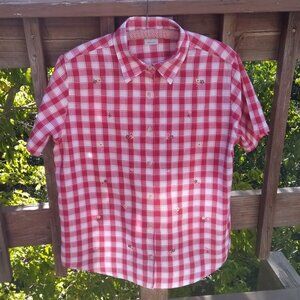 Cascade Blues gingham checkered flowwered blouse sz L